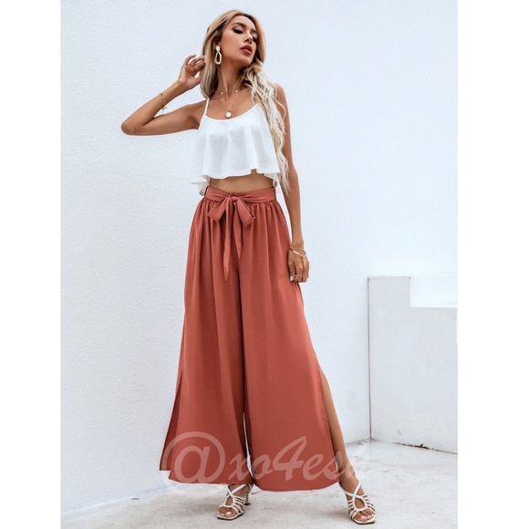 2 Piece Outfit: White Flowy Top and Burnt Orange Wide Pants - Picture 5 of 6